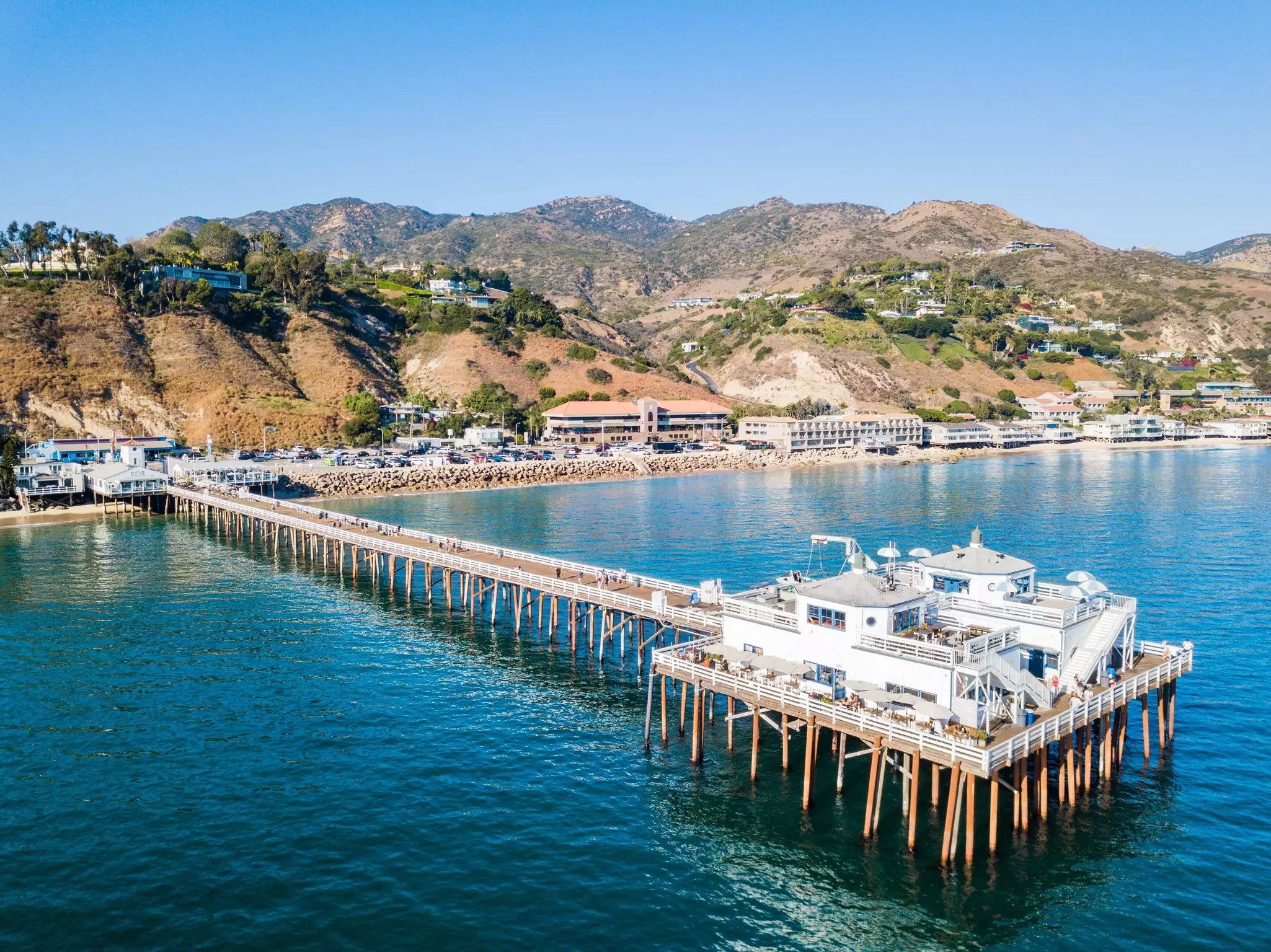 Aerial view of Malibu Pier on a sunny day. 