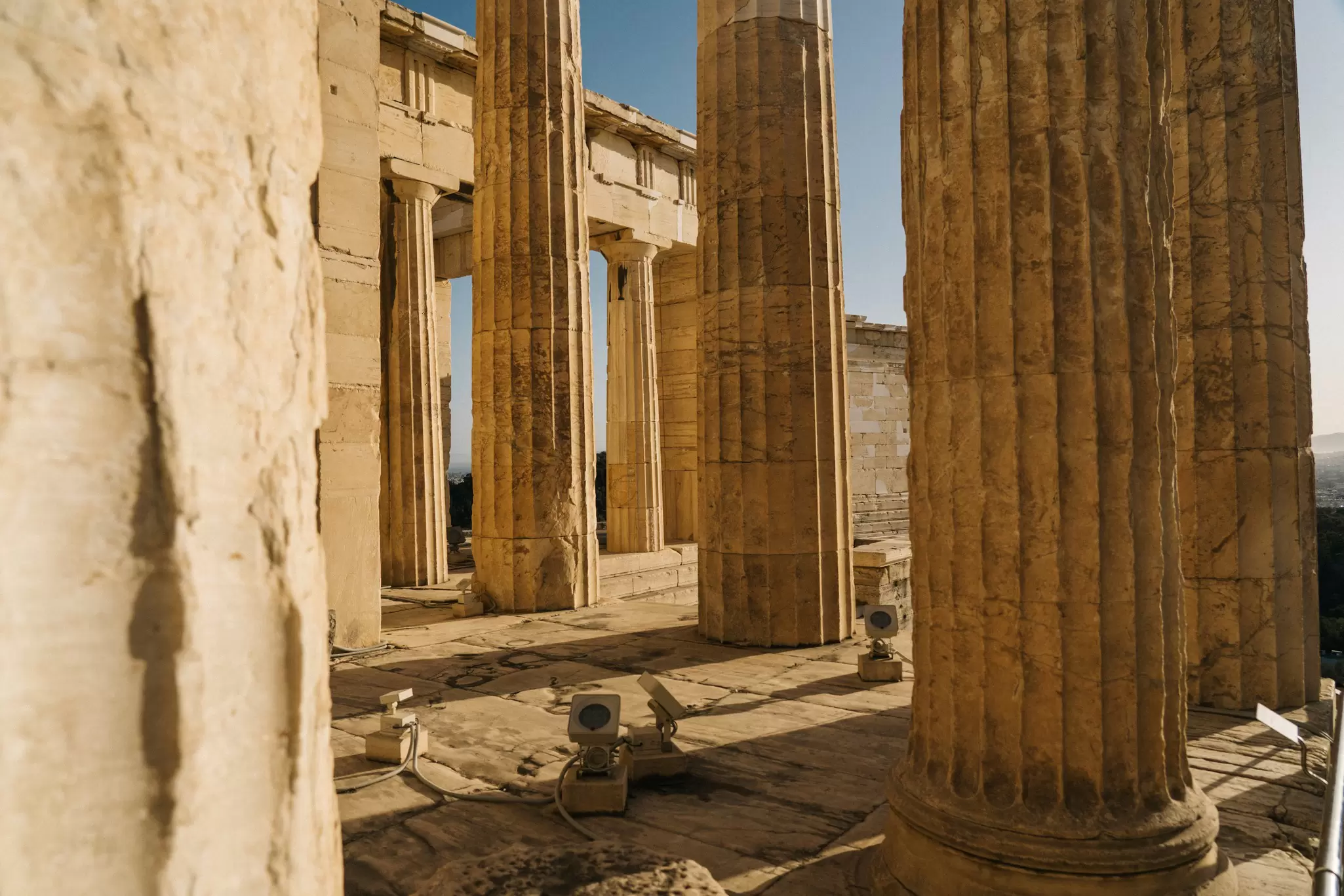 Close-up of the columns of the Acropolis in Athens, Greece.