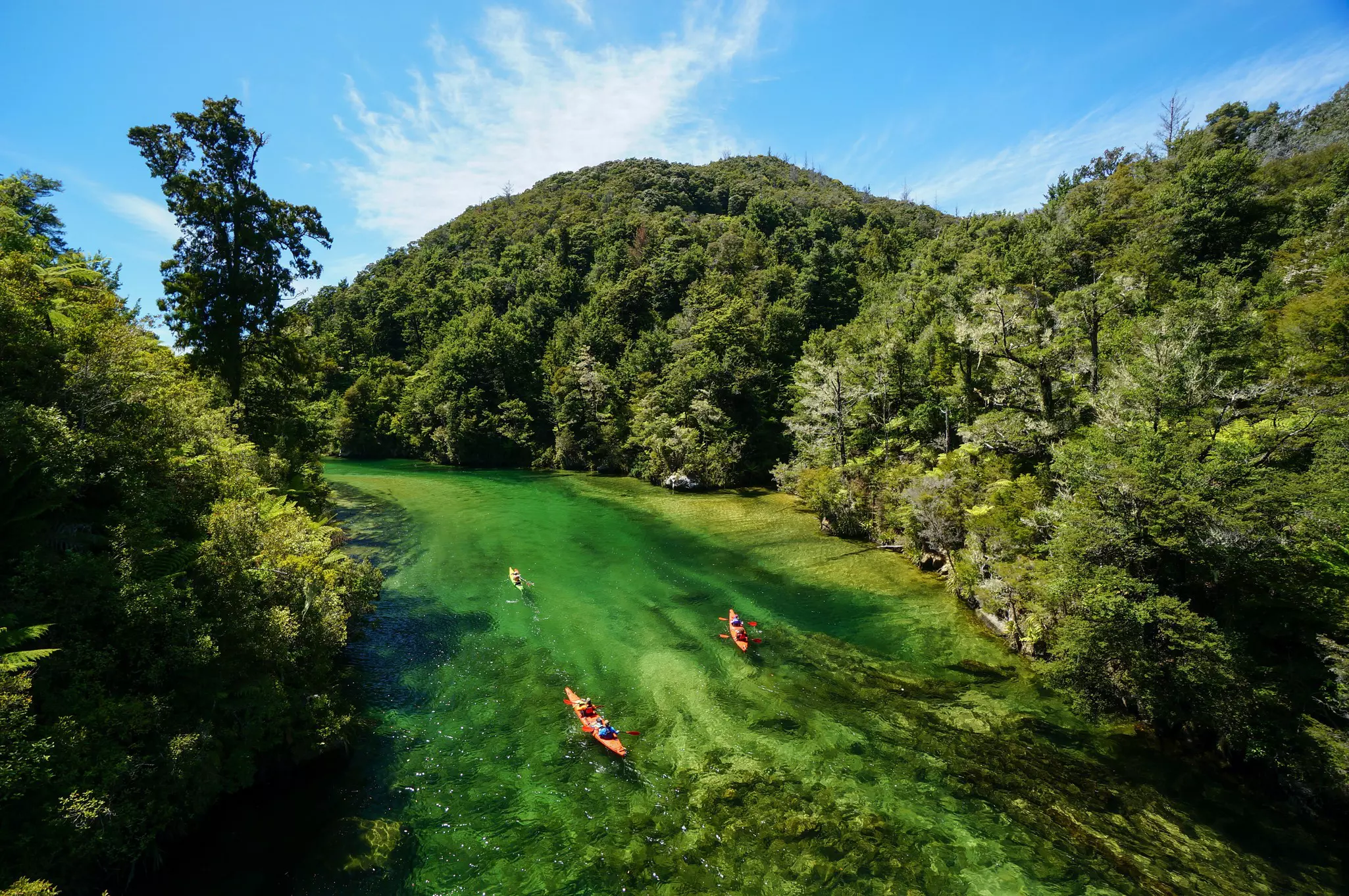 Kayakers paddle in the clear water of Falls River at The Abel Tasman Coast Track, New Zealand