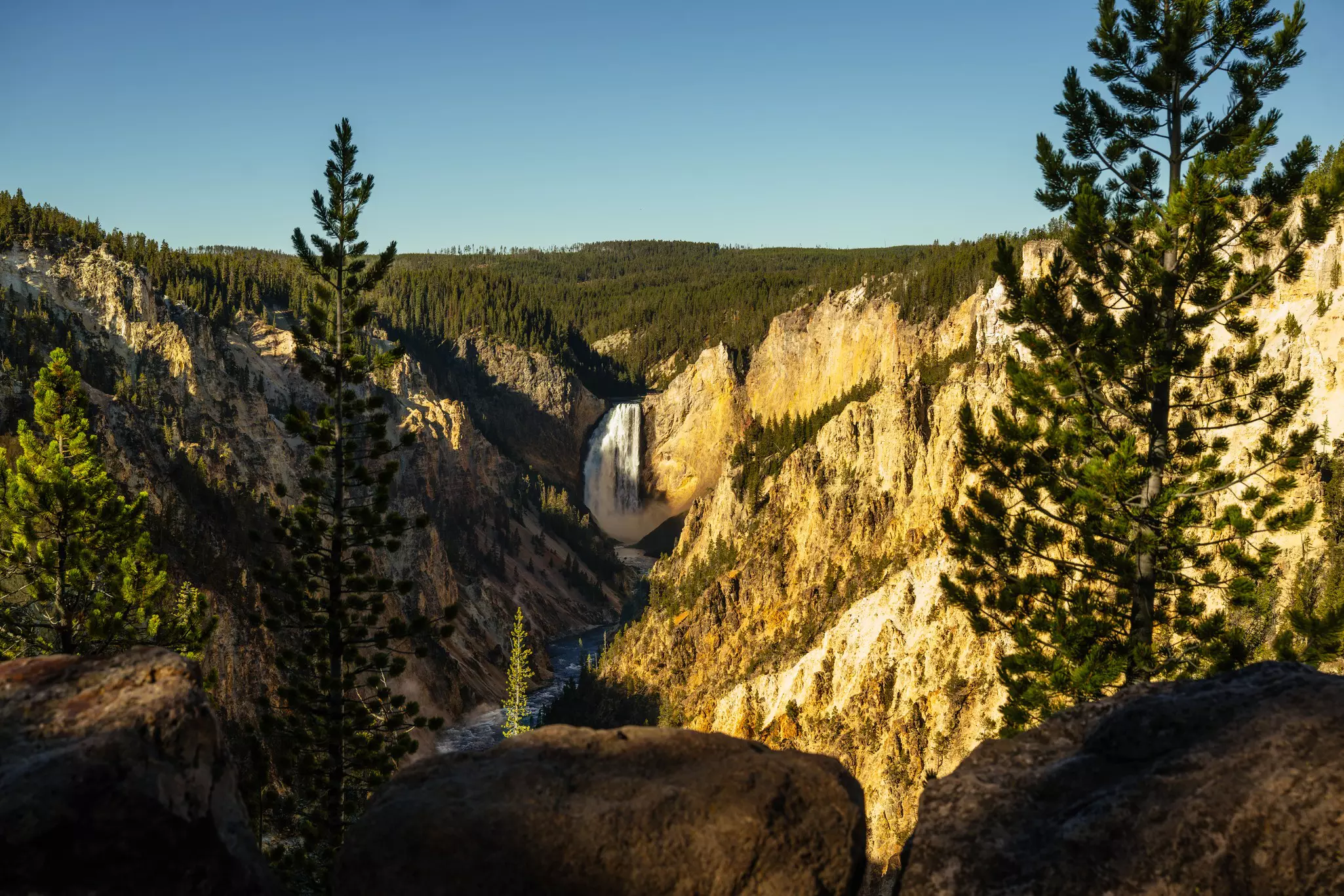 View of the Lower Falls of the Yellowstone River from Artist Point, Yellowstone National Park, Wyoming.