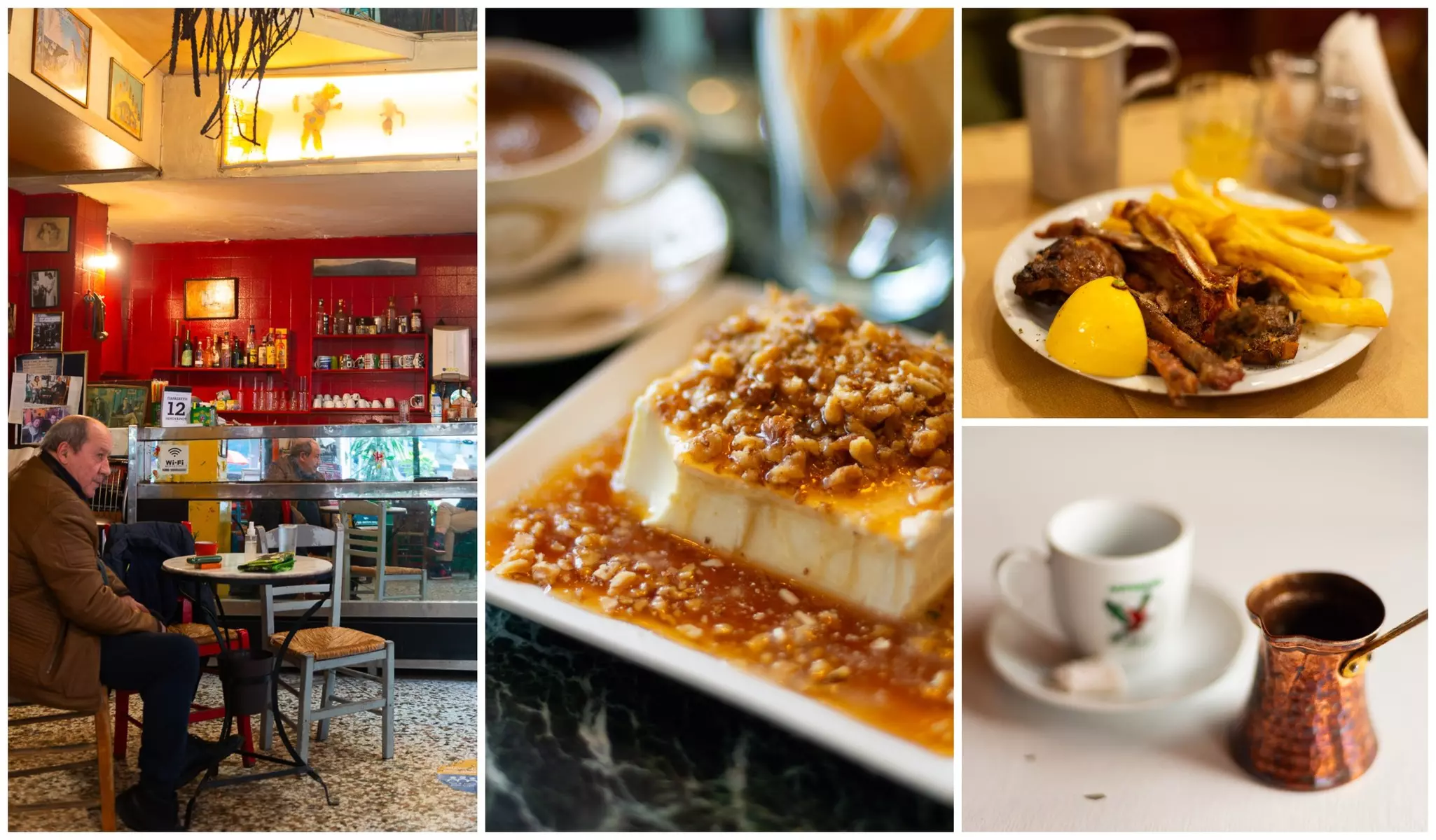 Left: The interior of Mouira. Centre: Sheep's milk and honey at Stani. Top right: Grilled lamb and fries at Ilia's Haunt. Bottom right: Unfiltered Greek coffee at Mouira © Austin Bush