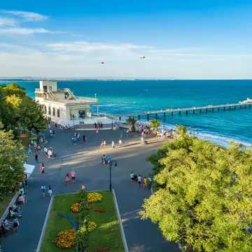 Stunning aerial drone view over the sea garden in Burgas, Bulgaria ultra wide shot. The scene is situated outdoors near sunset in Burgas, Bulgaria on the Black Sea shores. The photo is taken with DJI Phantom 4 Pro drone.