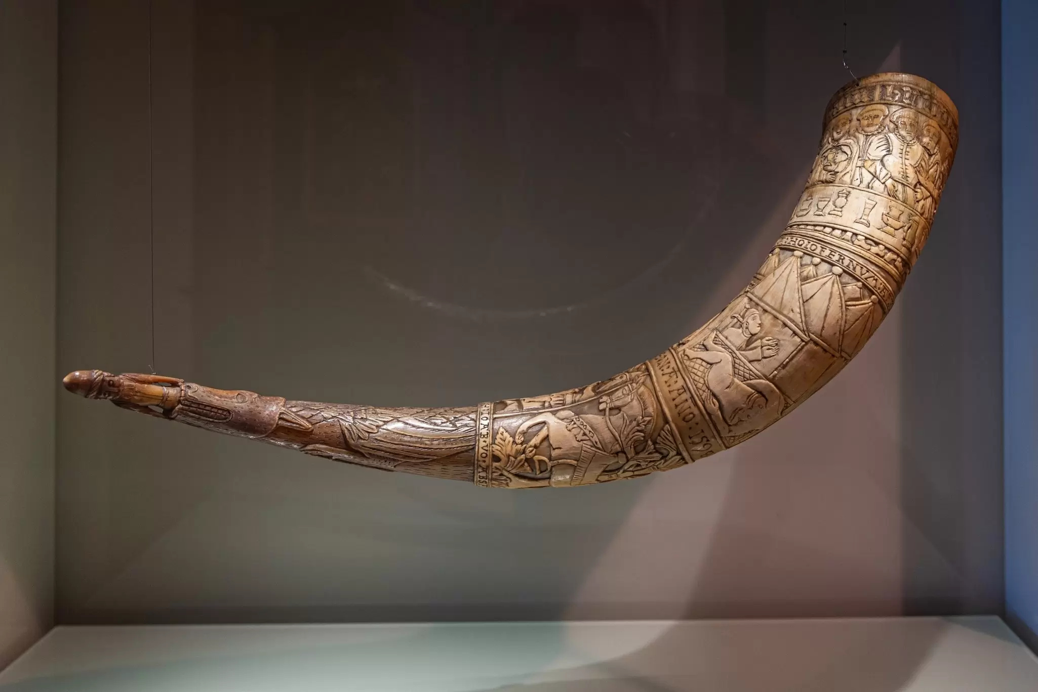 View of a drinking horn on display at the National Museum in Reykjavik, Iceland.