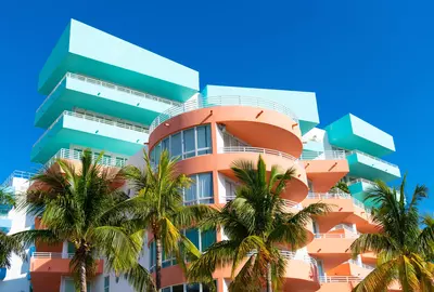 Art Deco building architecture. Architectural building. Art deco historic district. Modern building of Miami beach, Florida. Ocean drive. Miami South Beach in Ocean Drive Florida