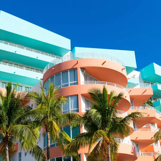 Art Deco building architecture. Architectural building. Art deco historic district. Modern building of Miami beach, Florida. Ocean drive. Miami South Beach in Ocean Drive Florida