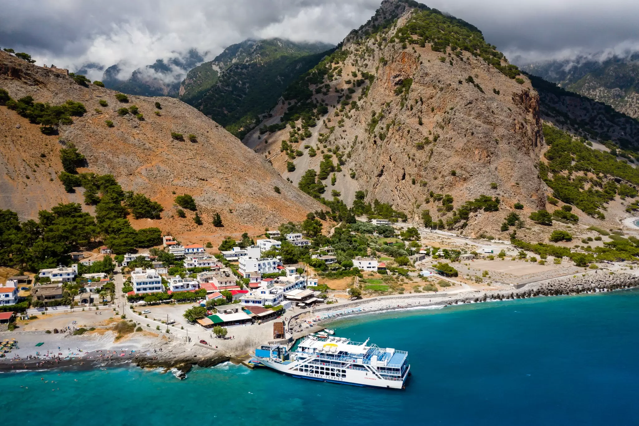 Aerial view of the village of Agia Roumeli at the exit of the Samaria Gorge on the Greek island of Crete.
