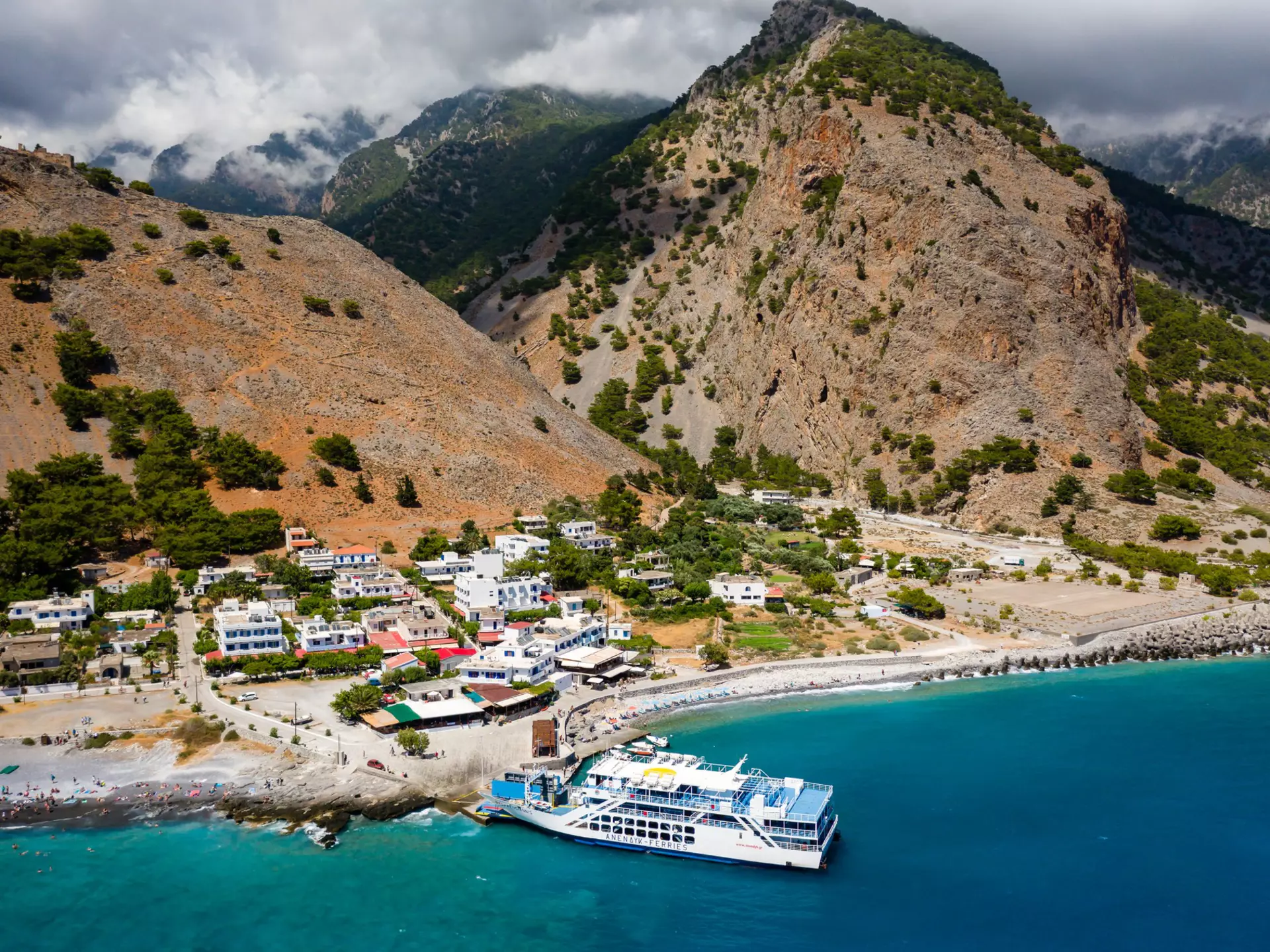  Aerial view of the village of Agia Roumeli at the exit of the Samaria Gorge on the Greek island of Crete.