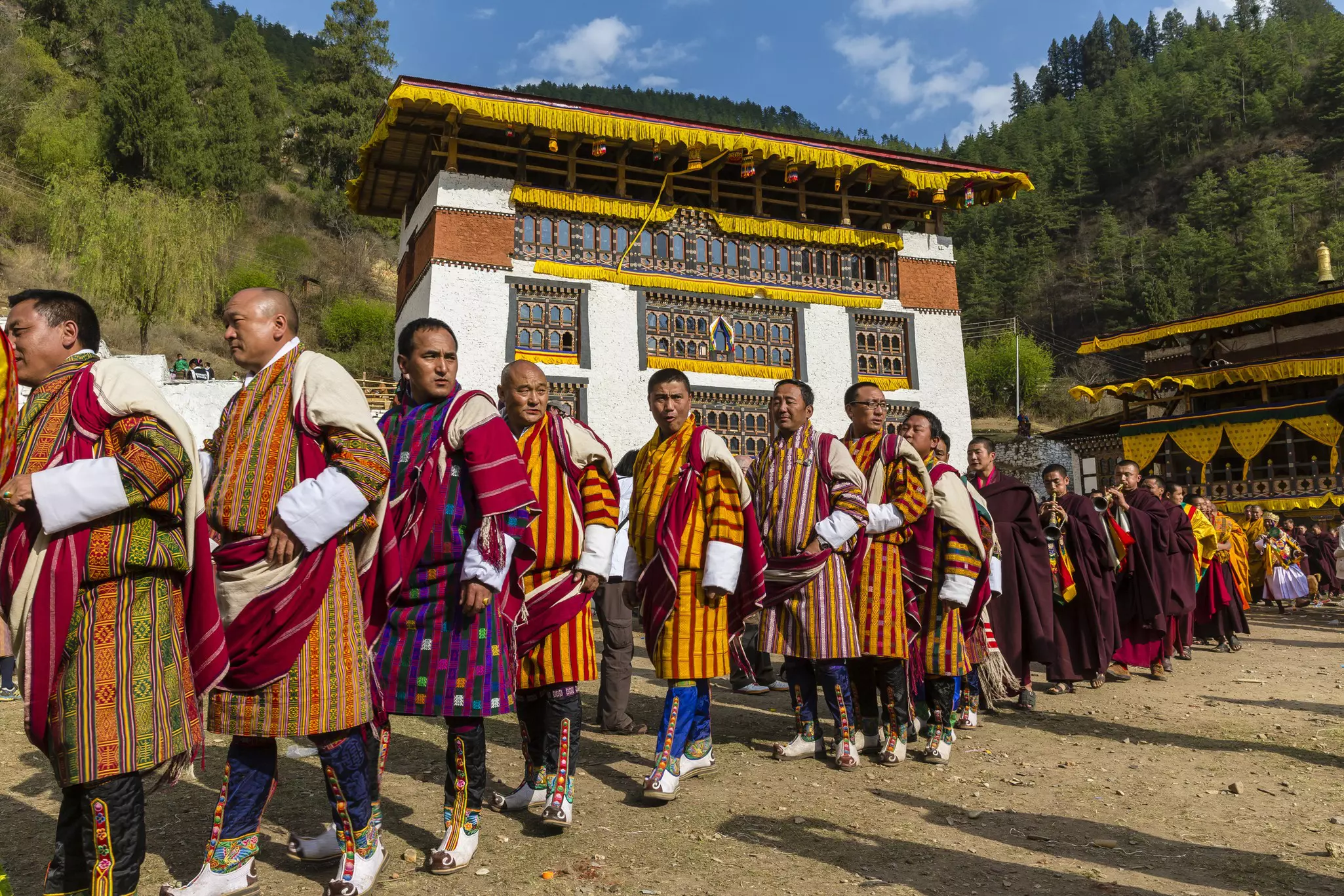Bhutanese people in colorful traditional robes
