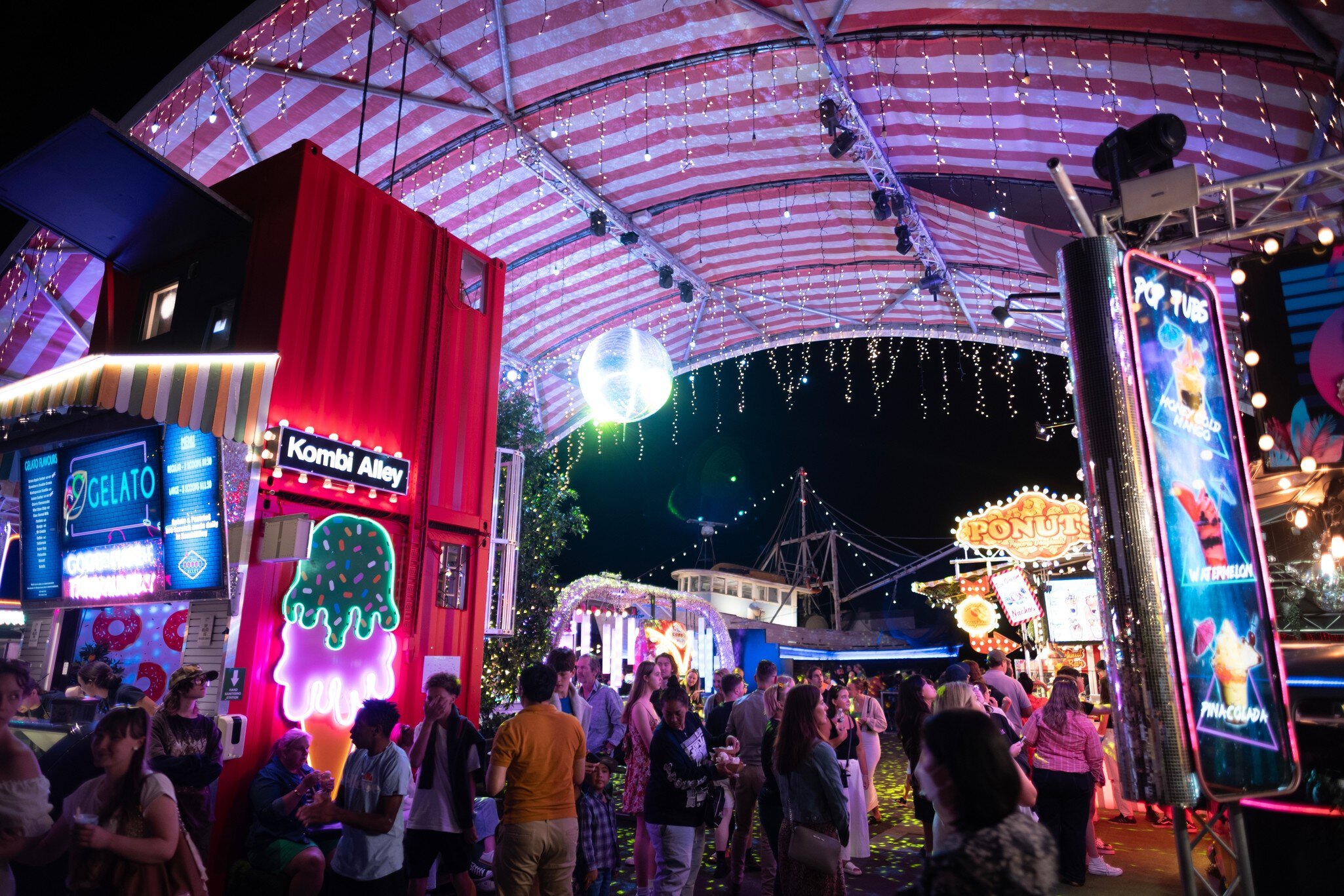 Eat Street Northshore at night with different food stalls and live music. Brisbane, Australia.