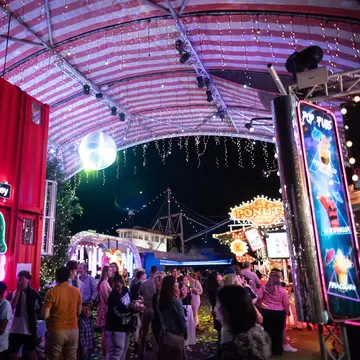 Eat Street Northshore at night with different food stalls and live music. Brisbane, Australia.