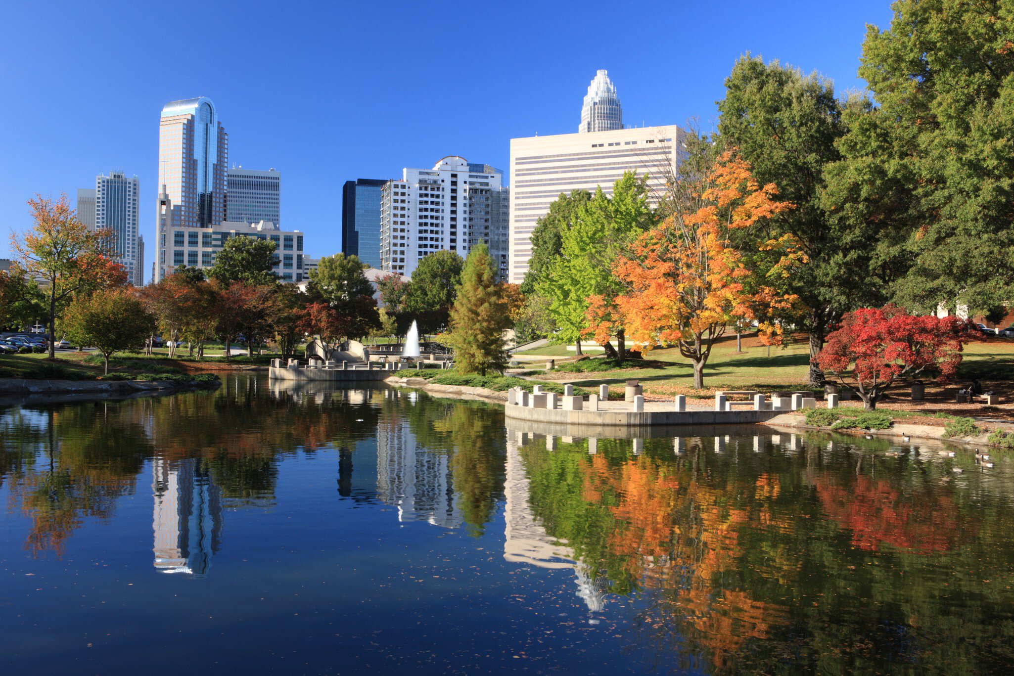 Charlotte skyline and pond, North Carolina