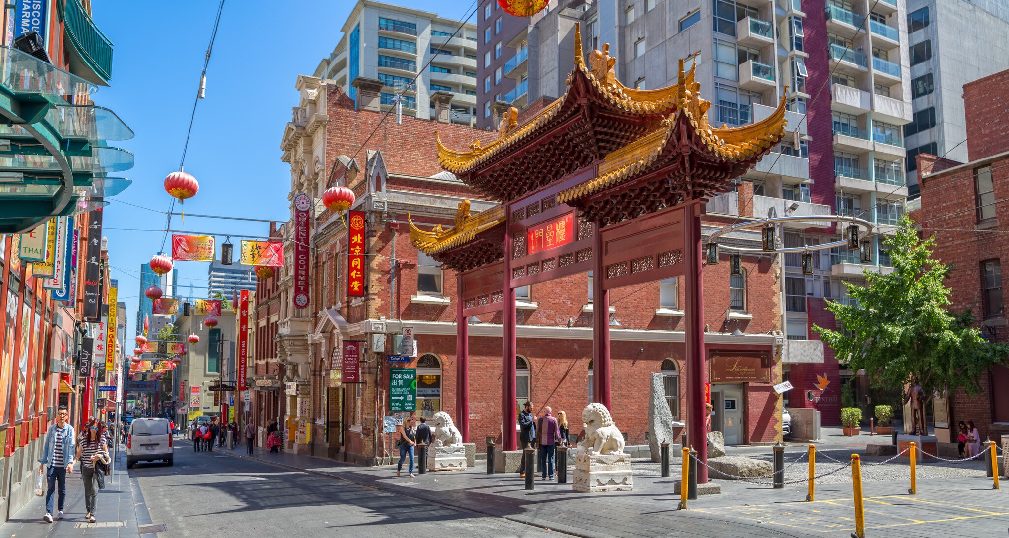 View of Chinatown main street, facing Heaven archway gift from Jiangsu province. Melbourne, Australia.
