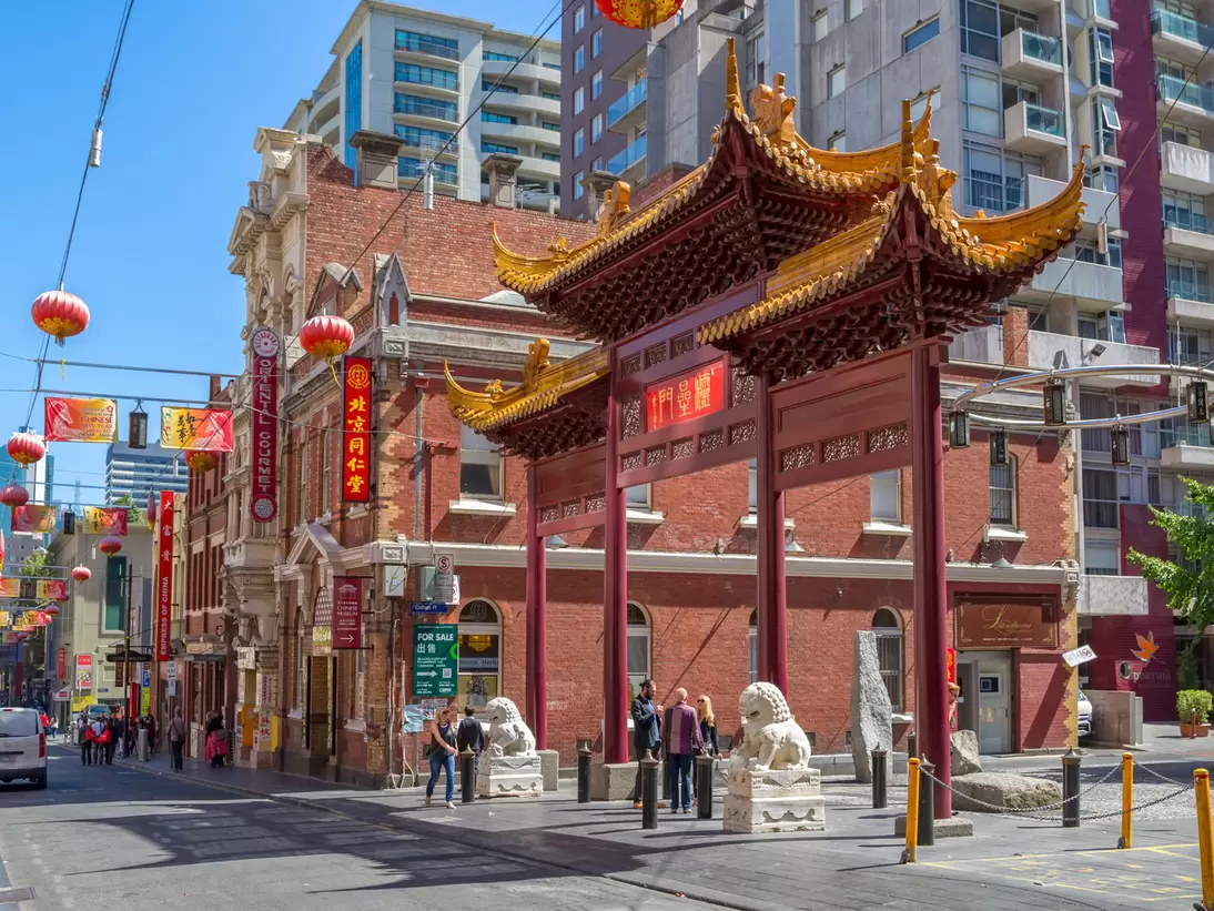 View of Chinatown main street, facing Heaven archway gift from Jiangsu province. Melbourne, Australia.