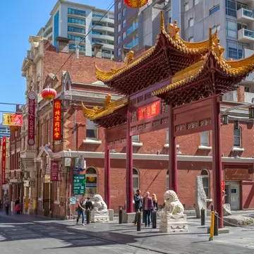 View of Chinatown main street, facing Heaven archway gift from Jiangsu province. Melbourne, Australia.