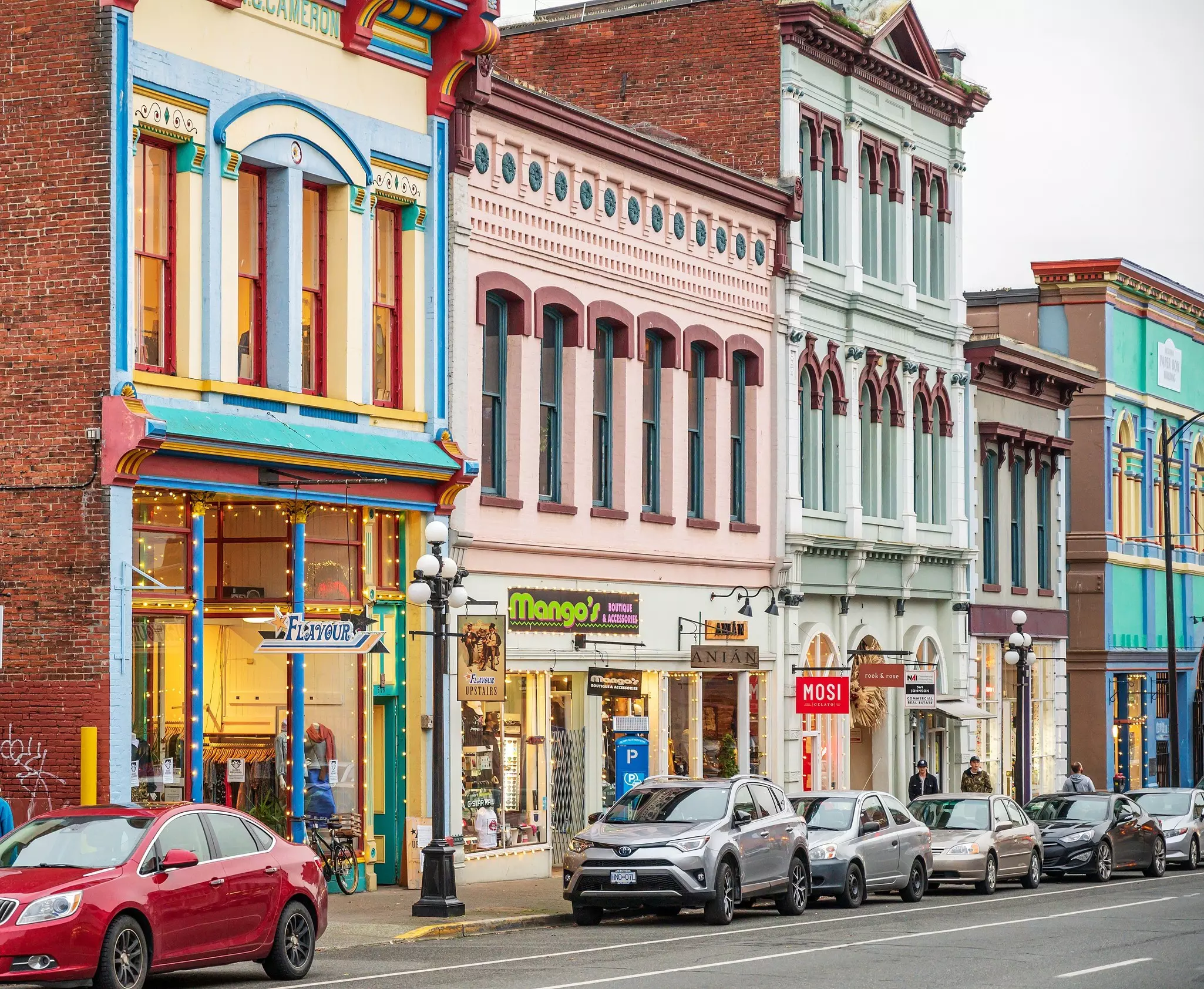 Victorian buildings along the shopping district on Yates Street in downtown Victoria BC, Canada.