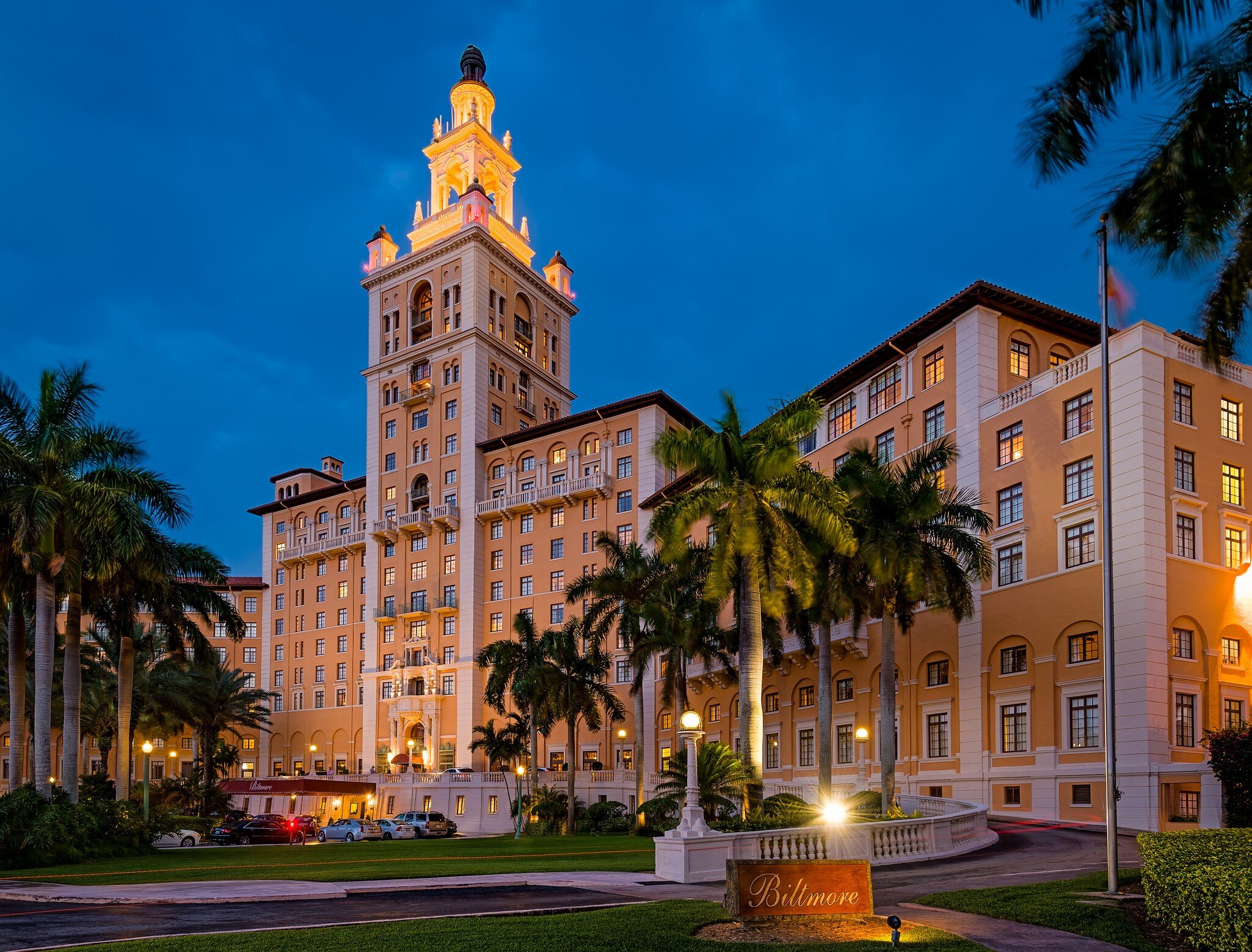 View of the Biltmore Hotel at night in Coral Gables, Florida.