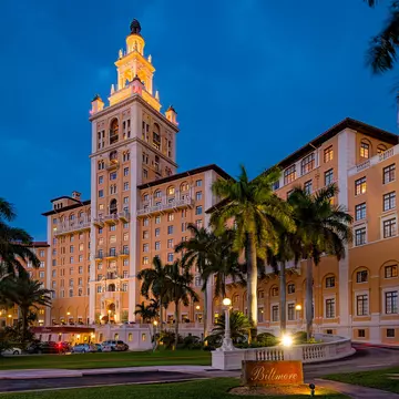 View of the Biltmore Hotel at night in Coral Gables, Florida.