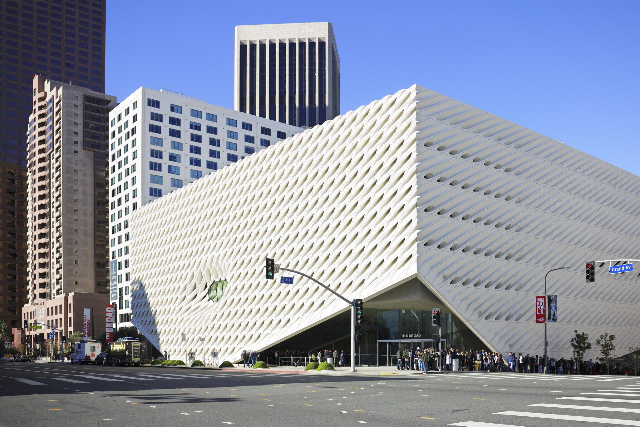 Los Angeles, USA - December 26, 2015: Grand Avenue streetscape featuring Bunker hill residential skyscrapers and The Broad - an new art museum in Downtown Los Angeles which opened on September 20, 2015. The three-story structure is named for philanthropist Eli Broad and features 50,000 square feet of exhibition space for its extensive collection of contemporary art.