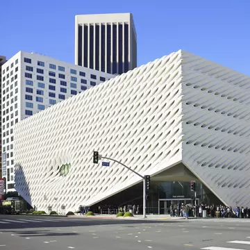Los Angeles, USA - December 26, 2015: Grand Avenue streetscape featuring Bunker hill residential skyscrapers and The Broad - an new art museum in Downtown Los Angeles which opened on September 20, 2015. The three-story structure is named for philanthropist Eli Broad and features 50,000 square feet of exhibition space for its extensive collection of contemporary art.
