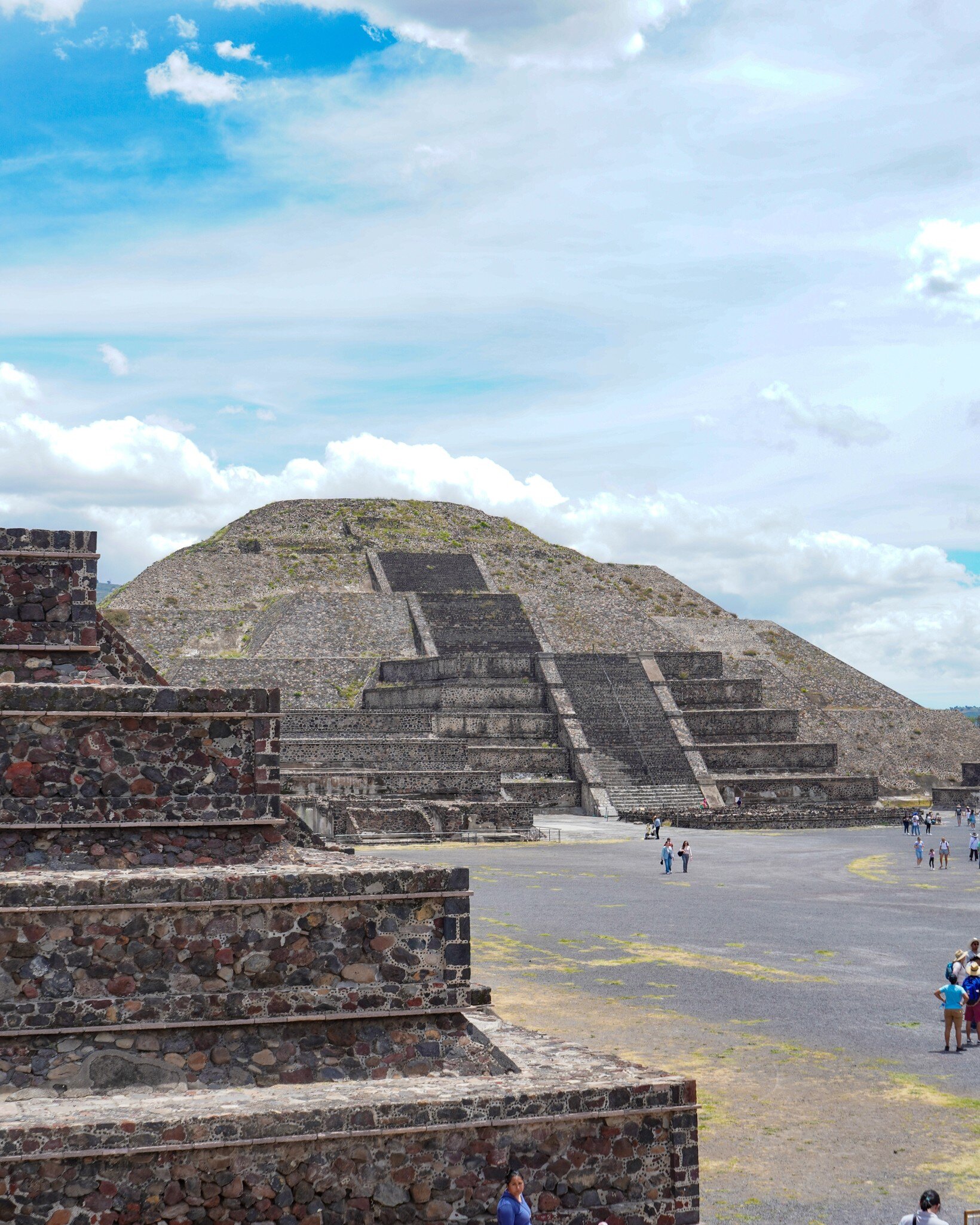 Teotihuacan, Mexico - March 23, 2020: Sun pyramid of Teotihuacan with tourists near Mexico City.