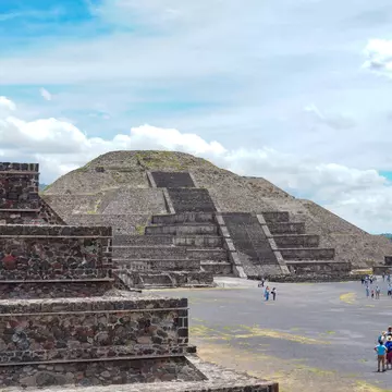 Teotihuacan, Mexico - March 23, 2020: Sun pyramid of Teotihuacan with tourists near Mexico City.