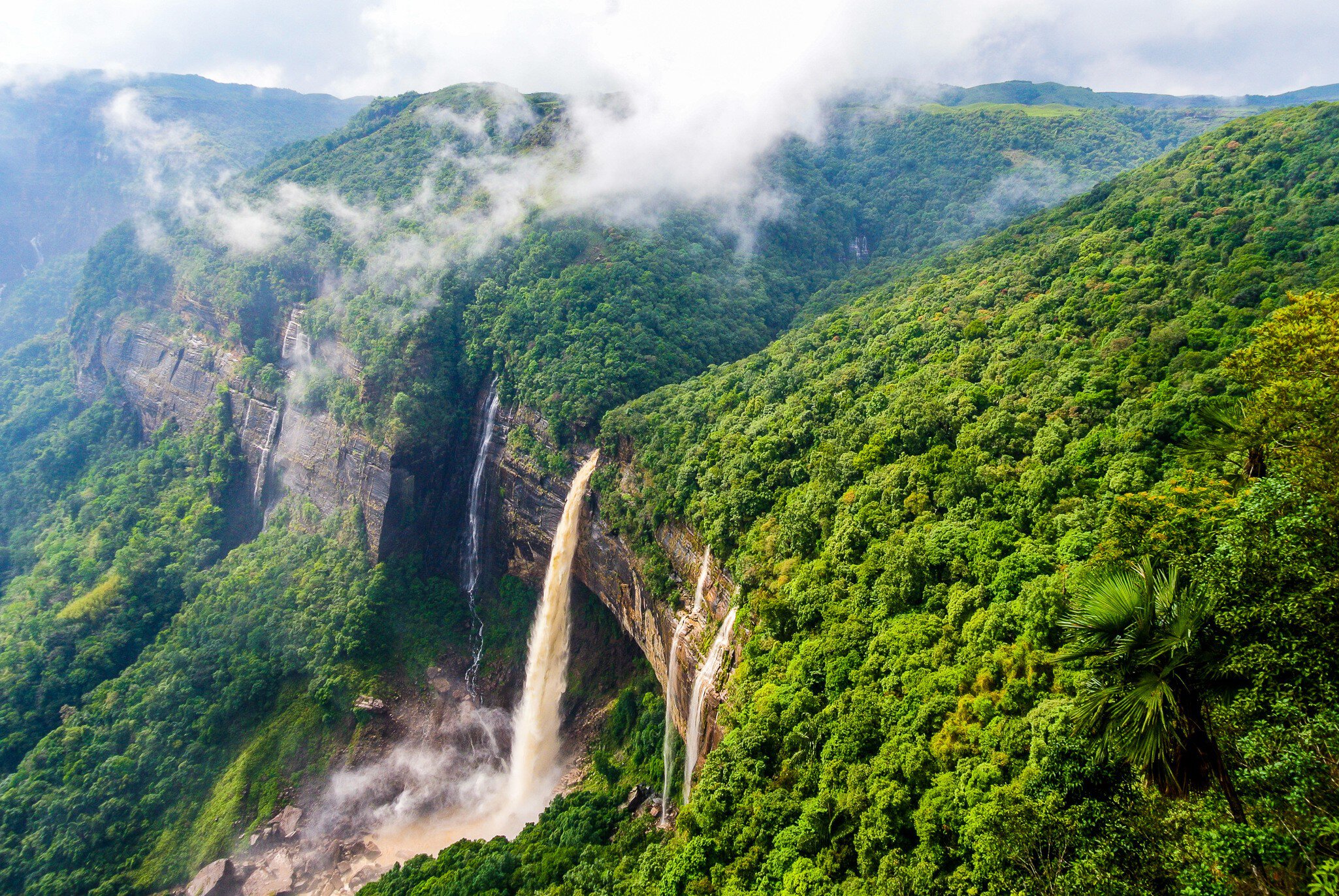 Aerial of Nohkalikai Falls in Meghalaya, India.