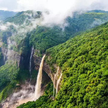 Aerial of Nohkalikai Falls in Meghalaya, India.