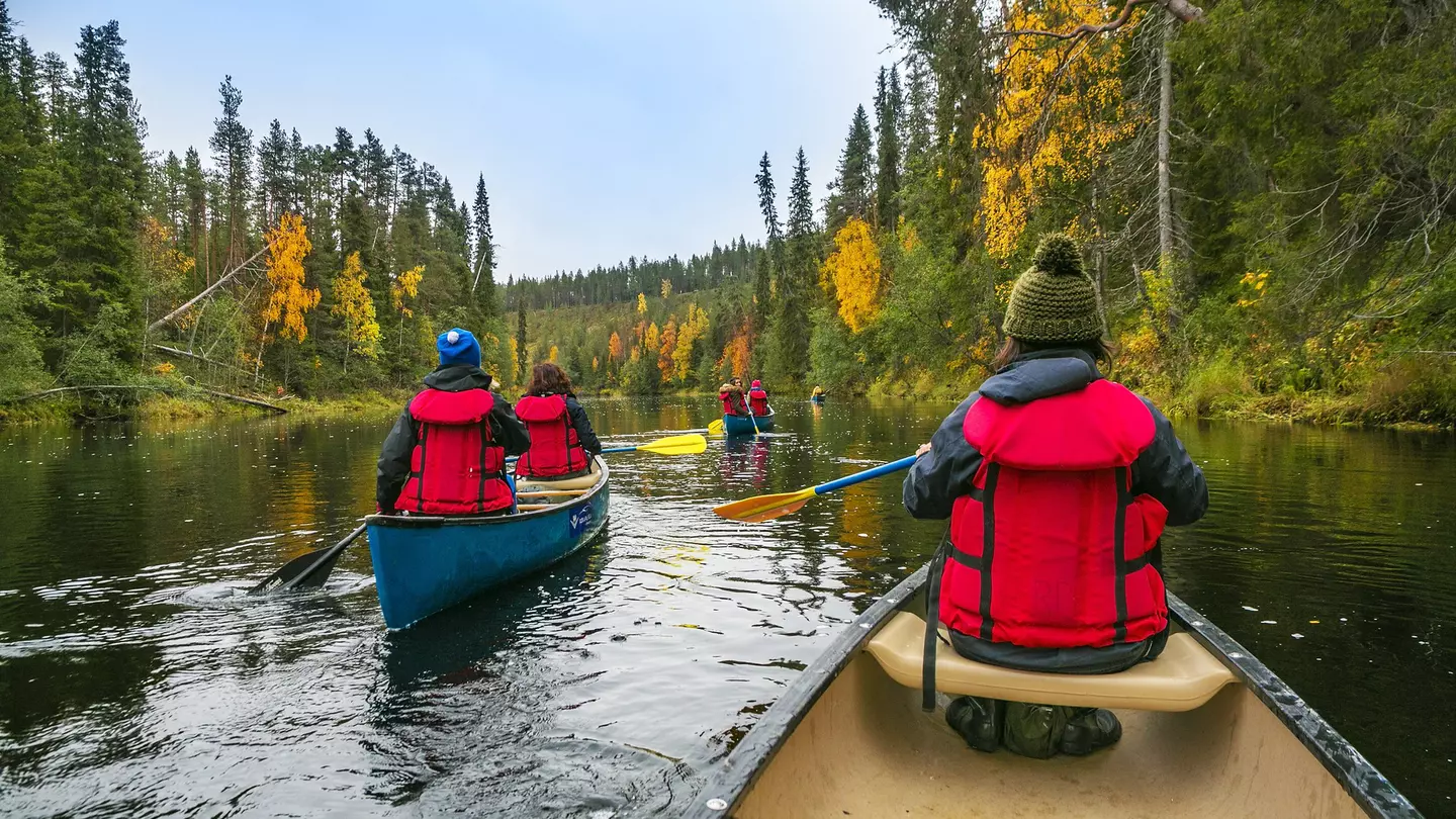 Several kayakers make their way through the water in Oulanka National Park in Finland