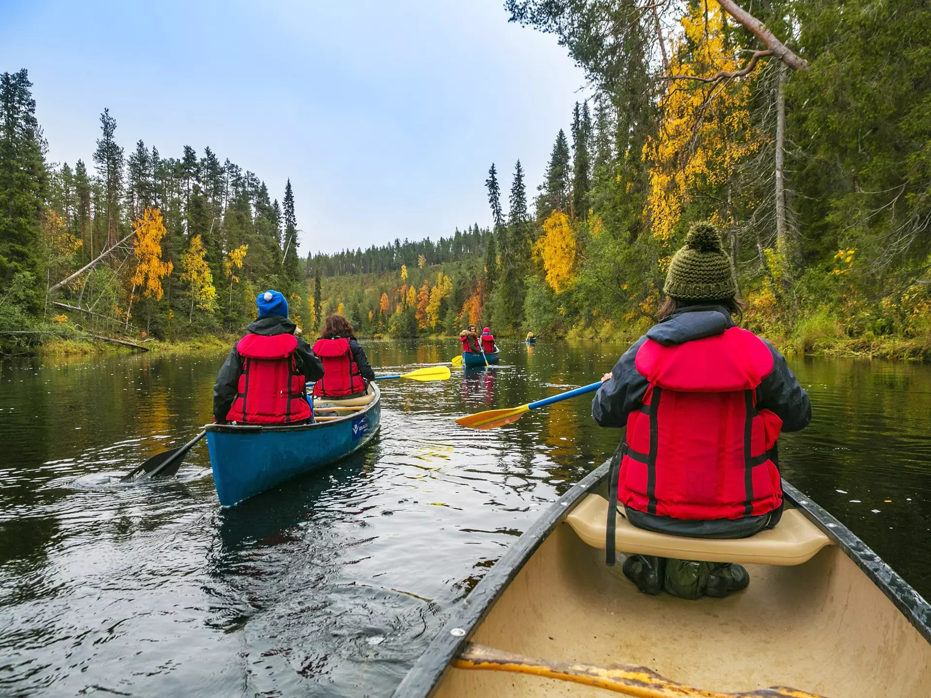 Several kayakers make their way through the water in Oulanka National Park in Finland
