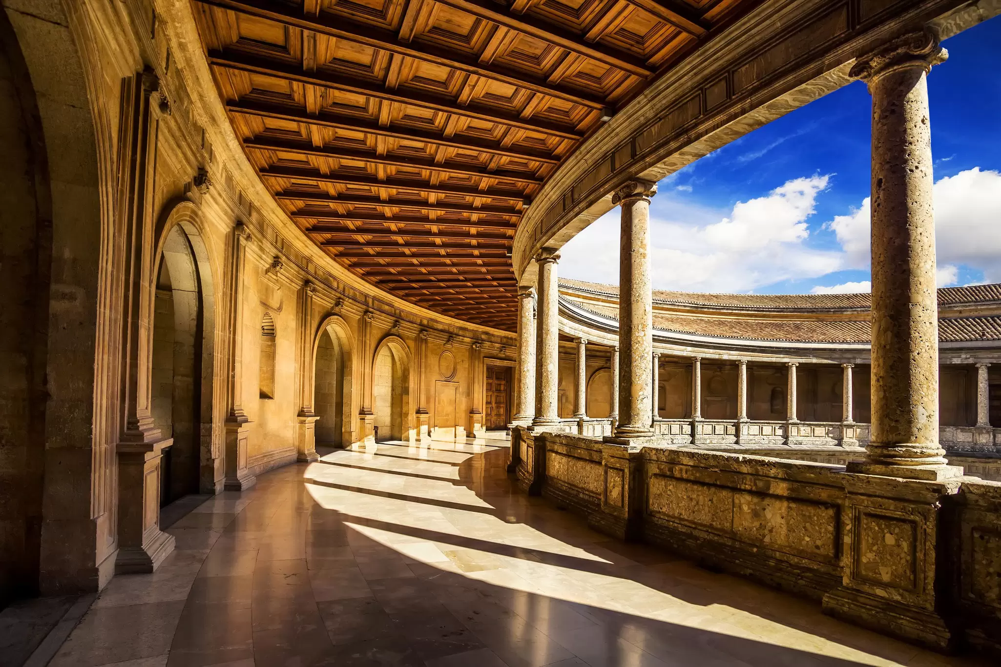 The courtyard of the Palacio de Carlos V in the Alhambra complex in Granada, Spain.