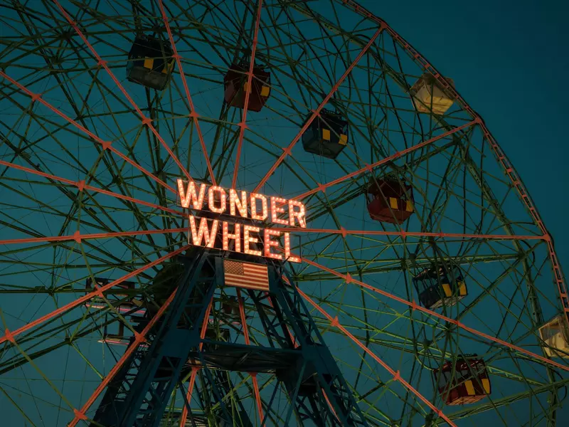 Wonder Wheel ferris wheel at night in Coney Island, Brooklyn, New York