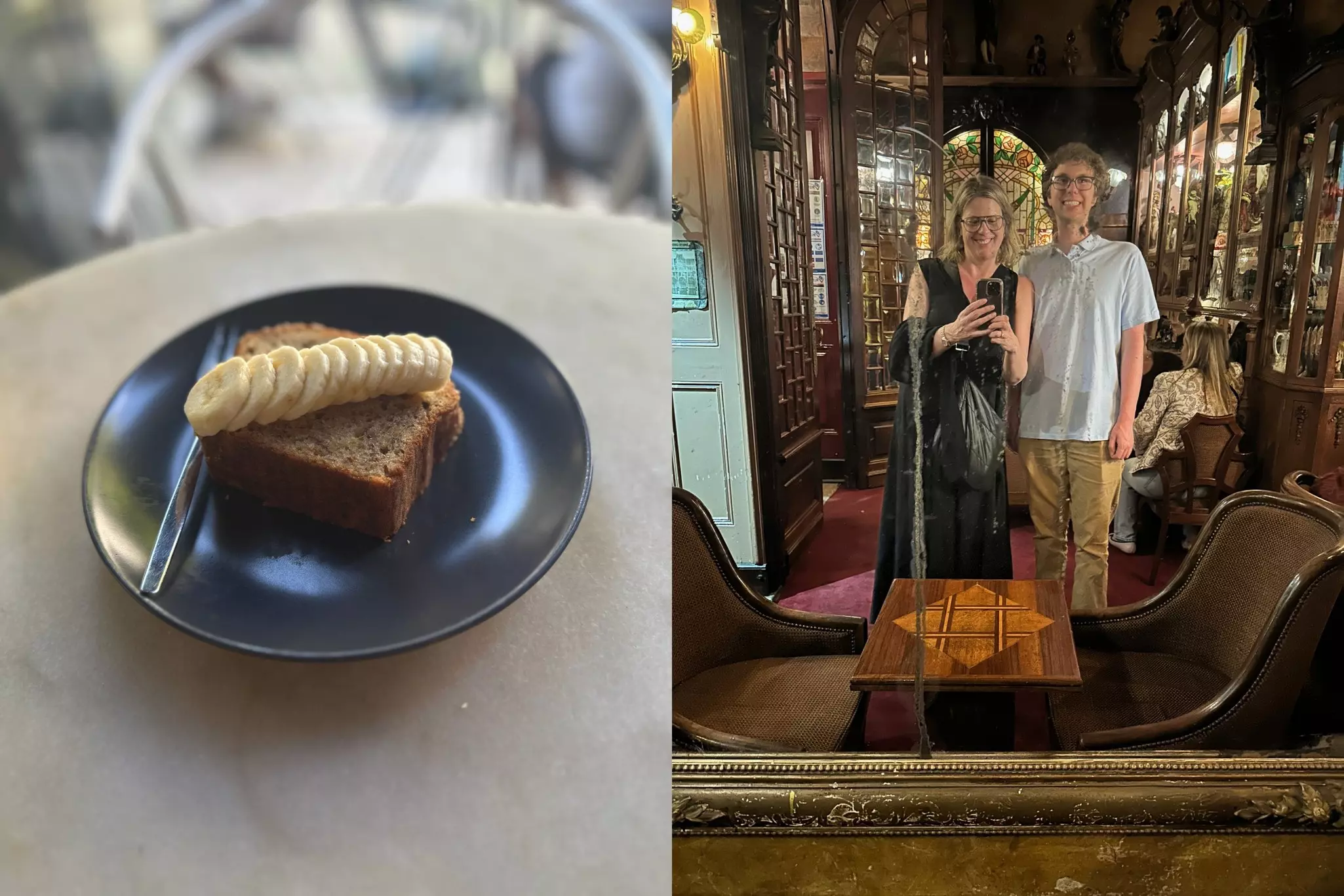 Banana-covered banana bread at Dear Breakfast; a mirror selfie at bar Pavilhão Chinês © Brekke Fletcher/Lonely Planet