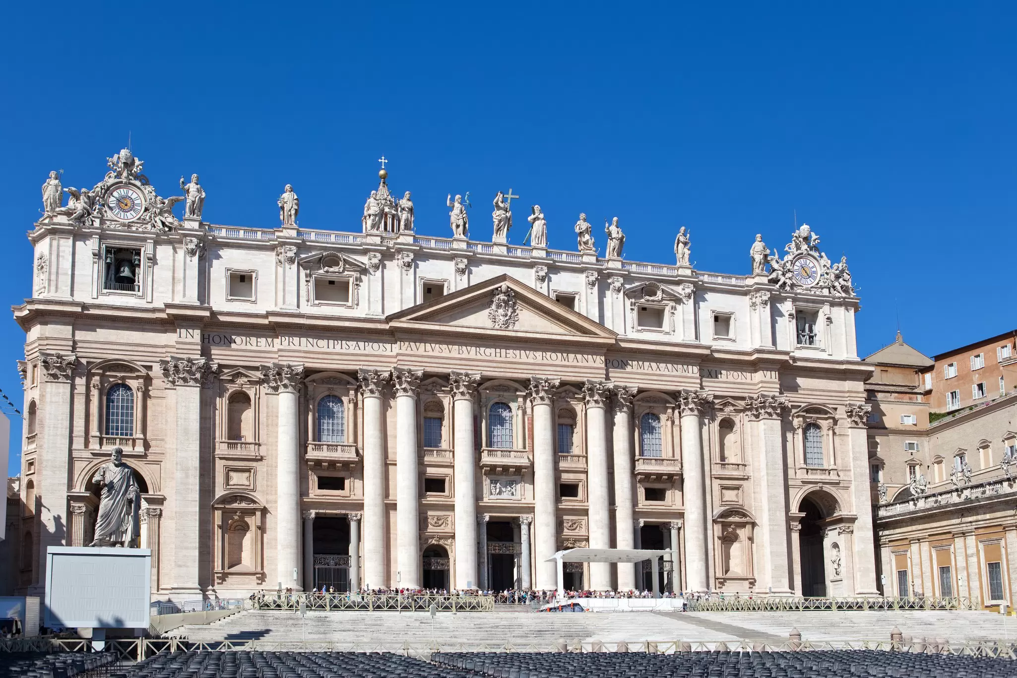 A view of the Loggia della Benedizione – the balcony above the main entrance – of St. Peter's Basilica in the Vatican City in Rome, Italy.