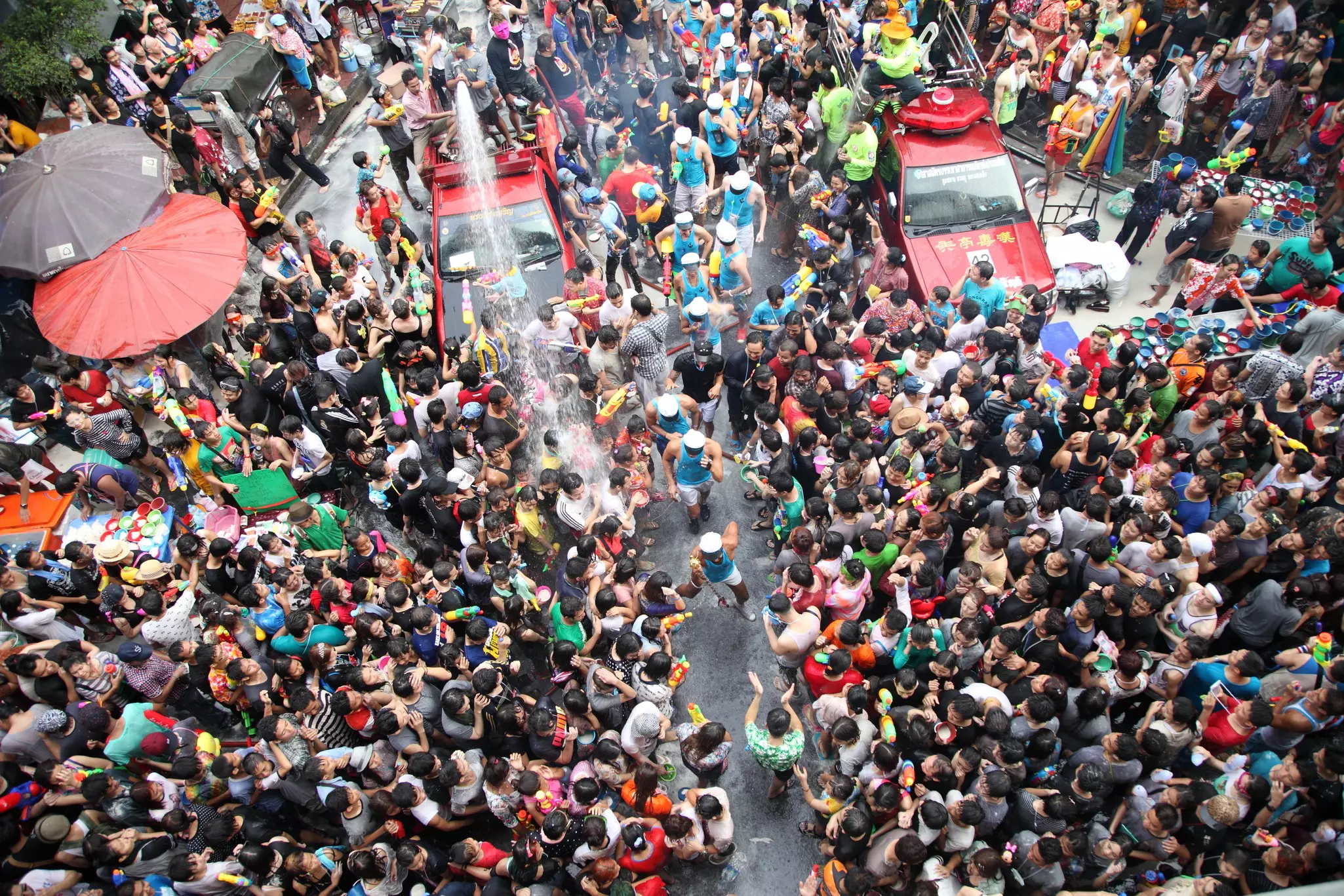 A top shot of crowds in Bangkok, Thailand during Songkran.