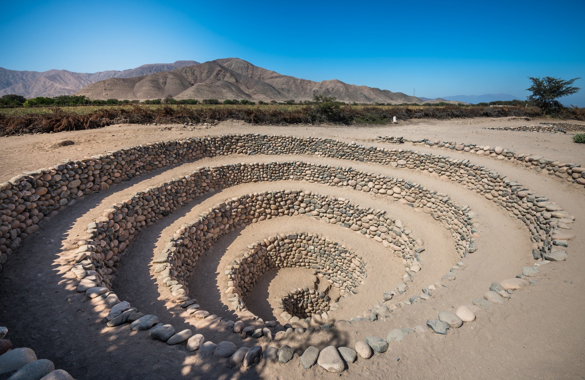The circular terraced Cantalloc Aqueduct near Nazca, Peru.