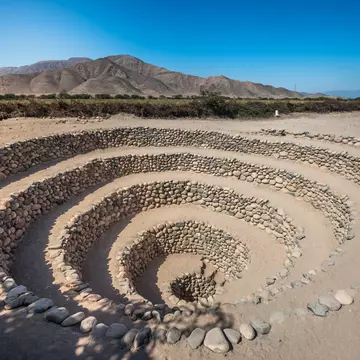 The circular terraced Cantalloc Aqueduct near Nazca, Peru.
