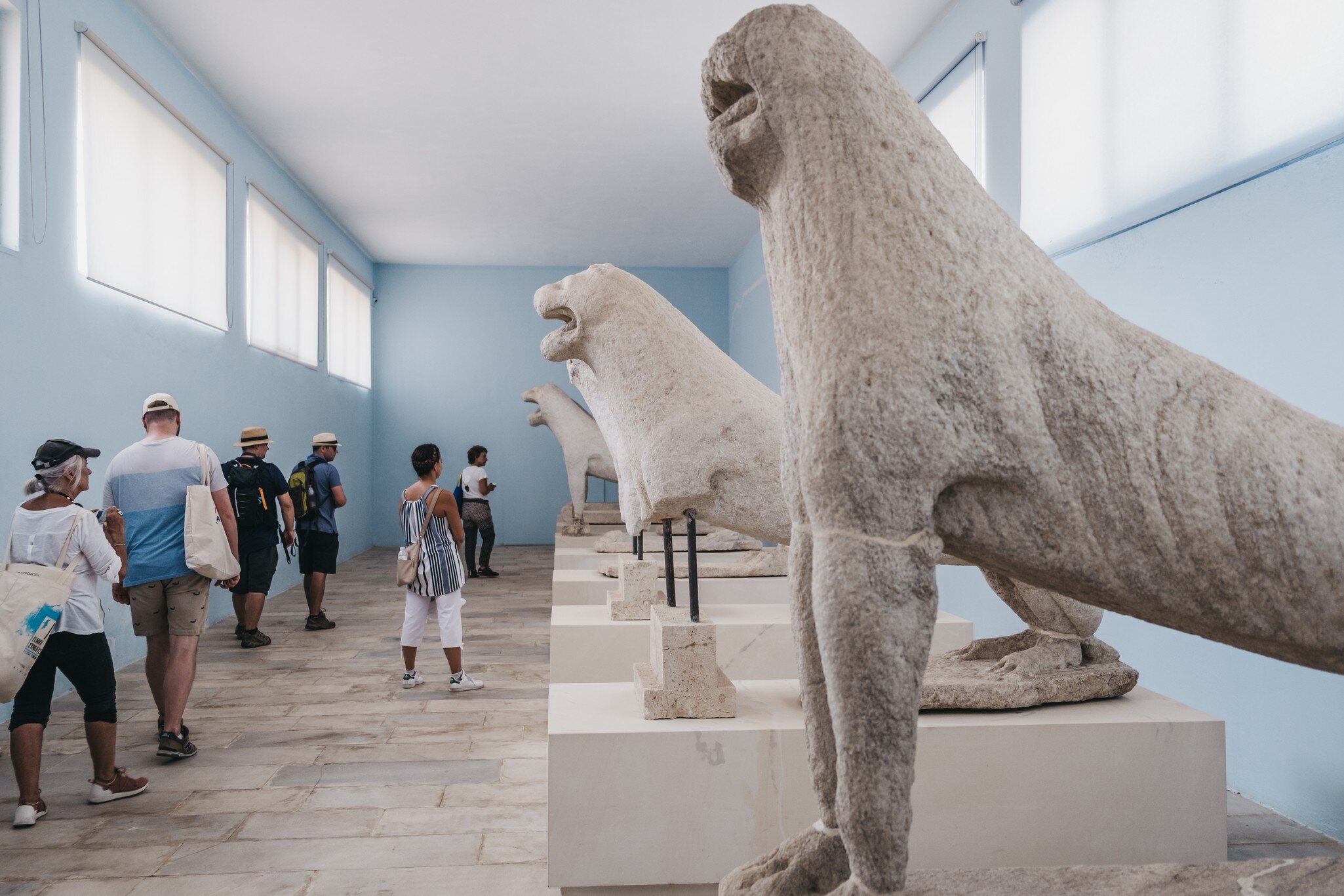 Delos, Greece-September 20,2019:Original Naxian Lions statues in the Archaeological Museum of Delos, a museum on the historic island of Delos, near Mykonos in the South Aegean, Greece. Selective focus; Shutterstock ID 1530866567; your: Erin Lenczy...
