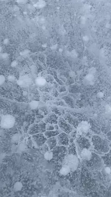 A sheet of ice with honeycomb shapes within it.