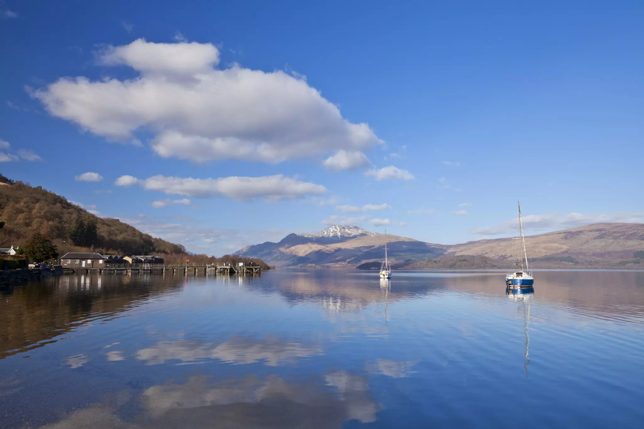 Picturesque view of Loch Lomond with sailing boats, Highlands of Scotland.