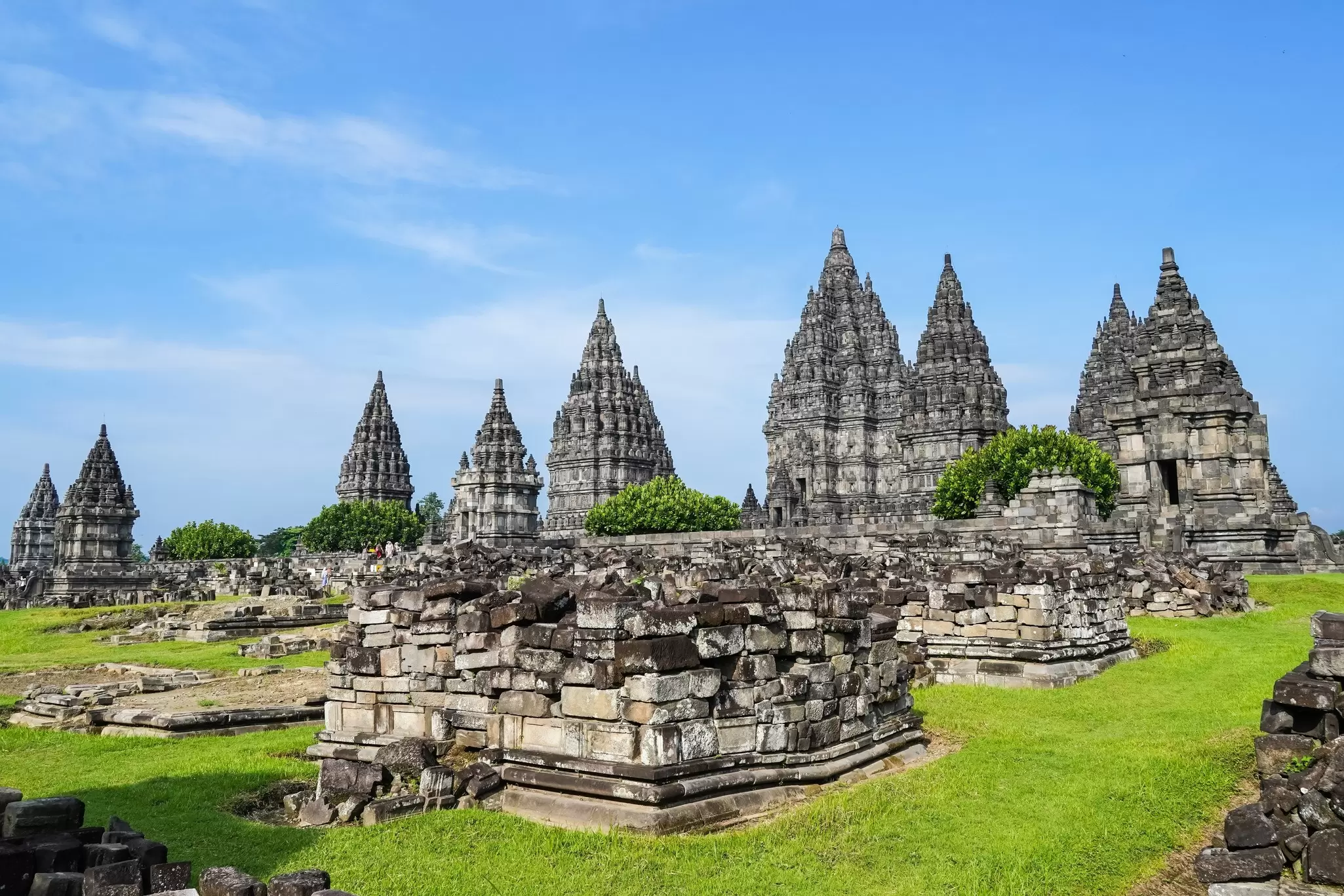 View of the ruins of Prambanan temple in Java, Indonesia.