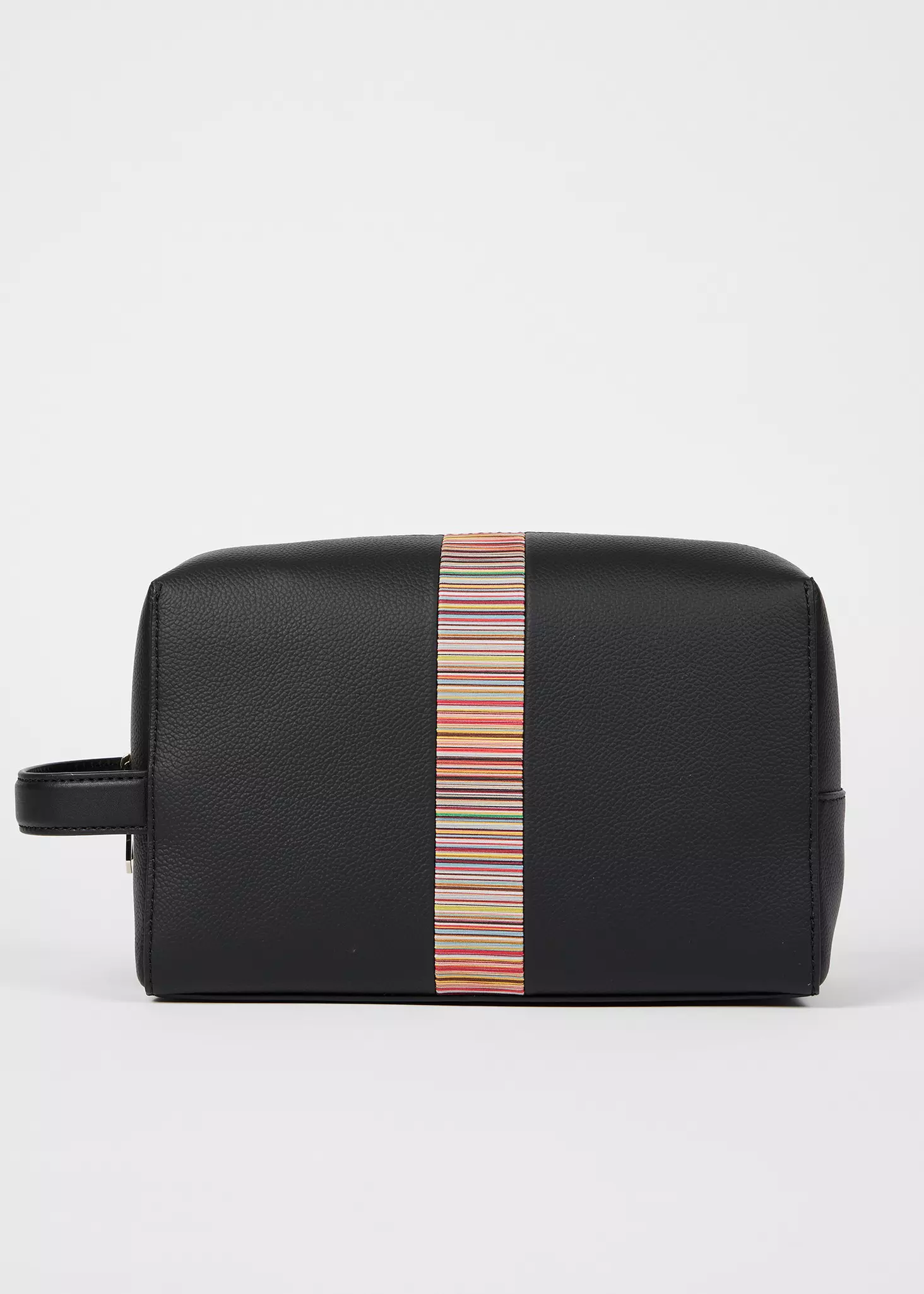 A black bag with a multicolored striped panel in the center.