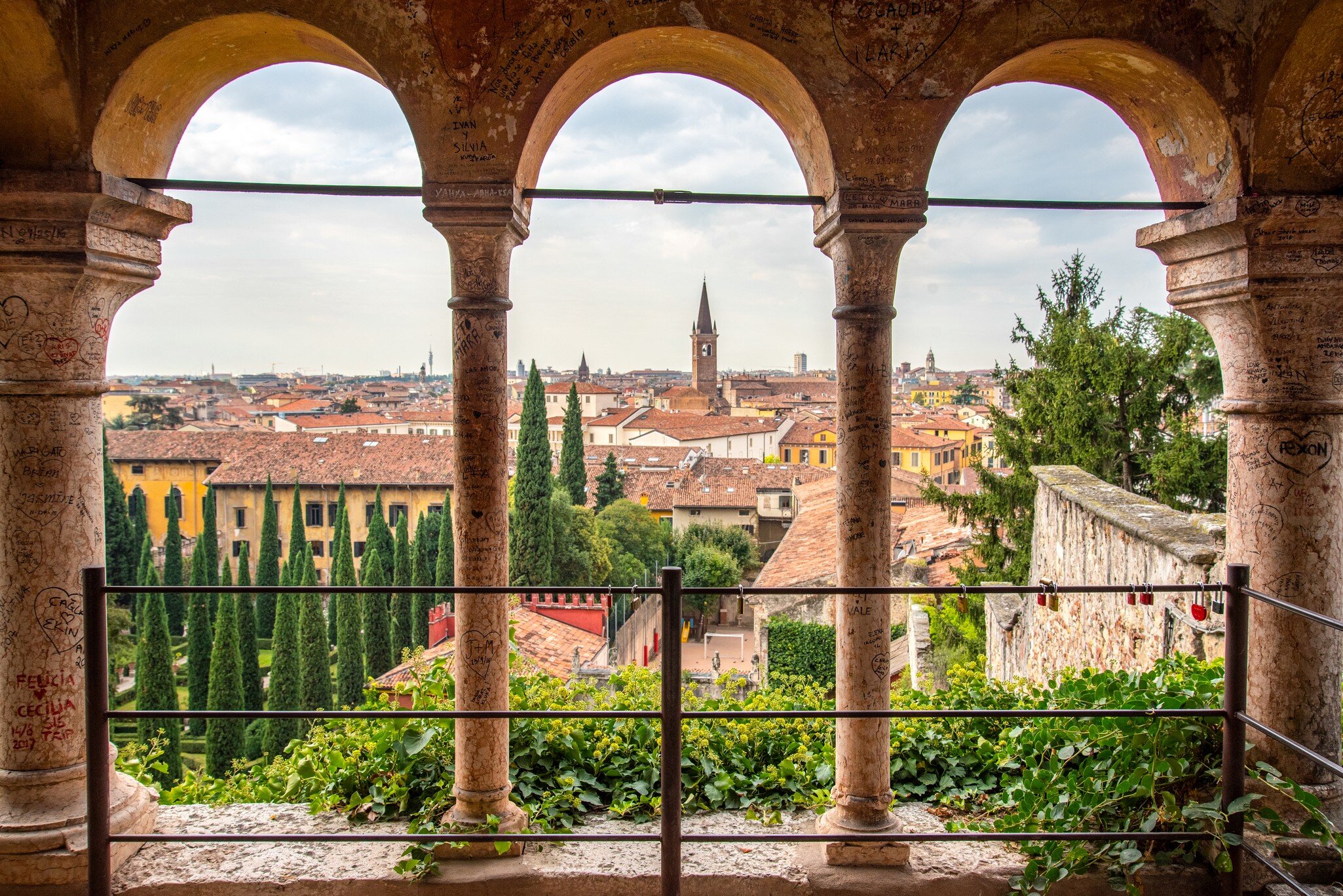 View from downtown Verona from a pavilion at the public park Giardino Giusti, Italy.