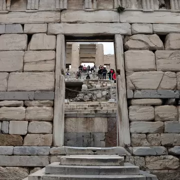 ATHENS, GREECE - MAY 6, 2014: Visitors at the Propylaia and the Beule Gate west entrance to the Acropolis of Athens, Greece.; Shutterstock ID 206520655; your: Erin Lenczycki; gl: 65050; netsuite: Digital; full: POI