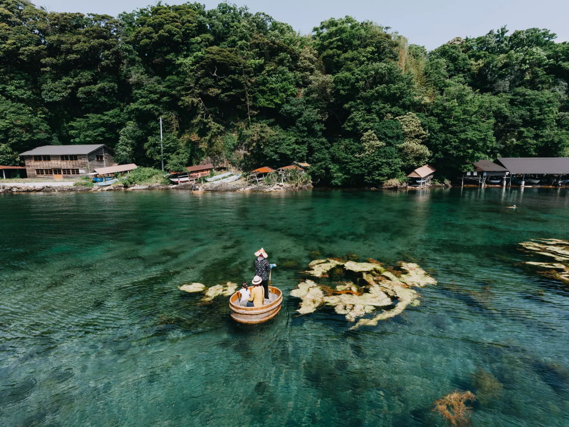 A traditional tub boat on the island of Sadoshima in Japan.
