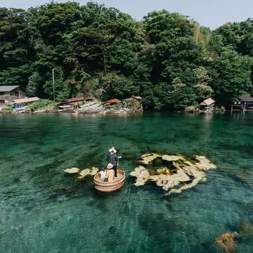 A traditional tub boat on the island of Sadoshima in Japan.