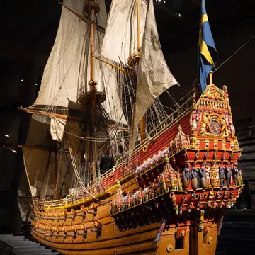 Stockholm, Sweden - December 03, 2021:Model of The magnificent wooden Vasa warship salvaged from the sea and displayed at Vasa Museum. Swedish warship that was built from 1626 to 1628., License Type: media, Download Time: 2025-08-08T01:33:18.000Z, User: rhylton_redventures, Editorial: true, purchase_order: 65050 - Digital Destinations and Articles, job: Lonely Planet, client: wip, other: Rhianydd Hylton