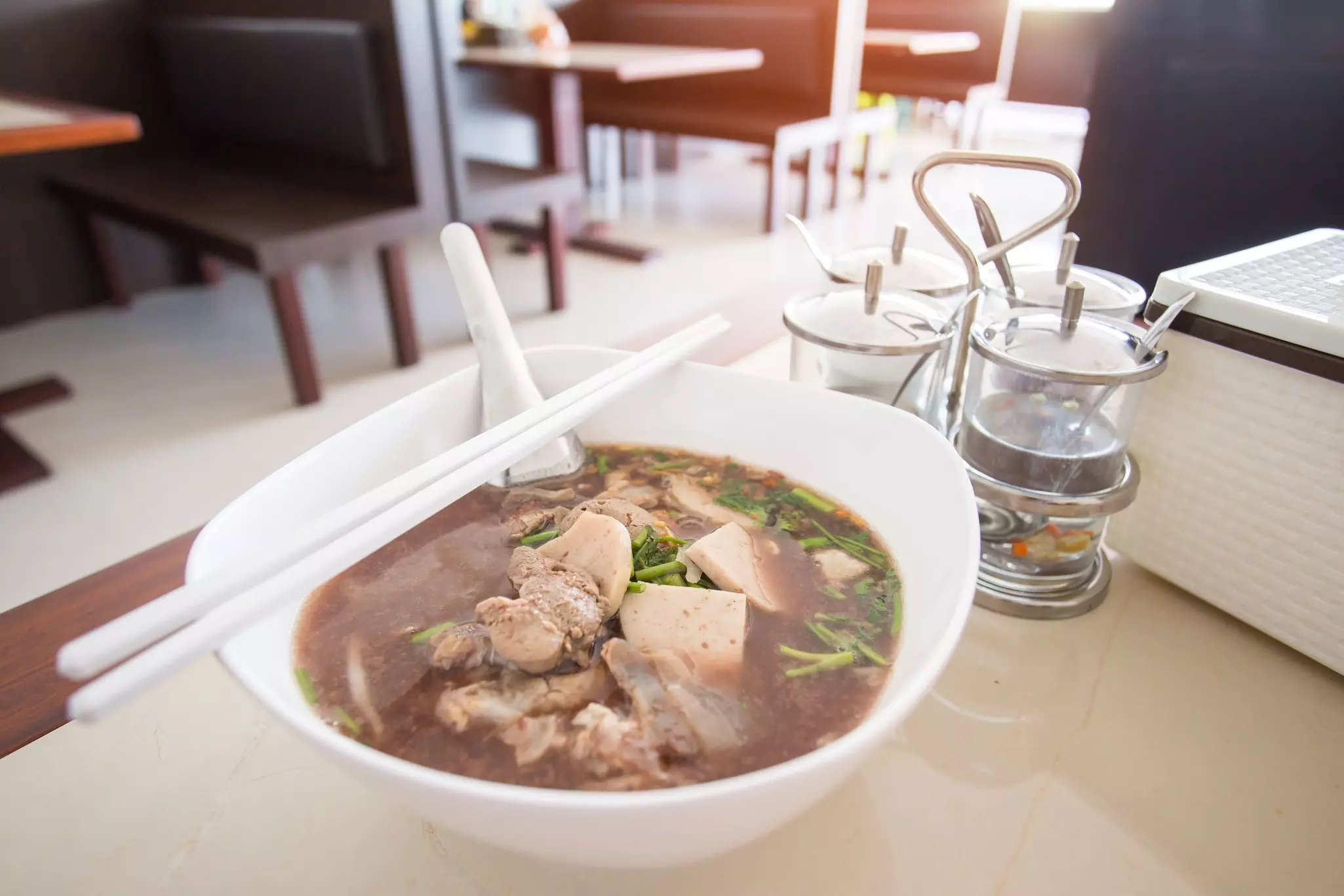 Ayutthaya Boat Noodle,Pork noodles mixed with pig's blood dissolved in soup