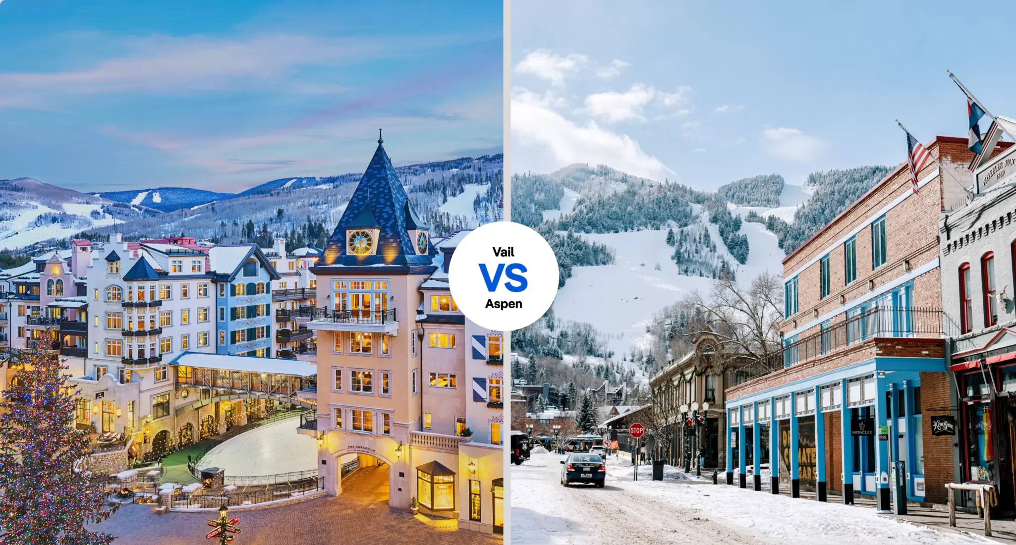 Which winter wonderland will you have your Hallmark moment in? Left, Discover Vail. Right Tamara Susa via Aspen Chamber Resort Association.