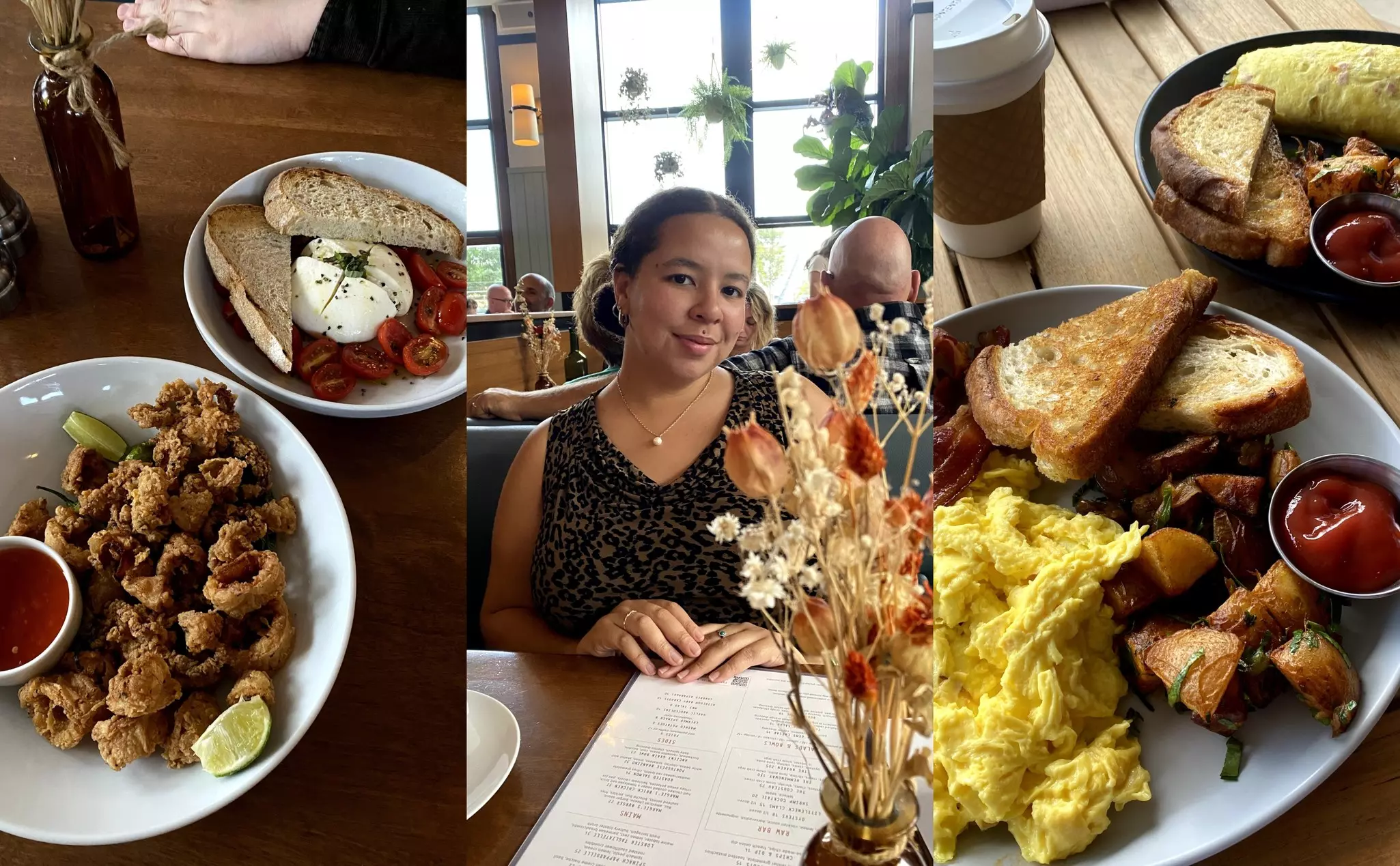 Left: lunch food served on plates in a restaurant; center: Chamidae, the author in the restaurant; right: a breakfast of eggs, toast and potatoes
