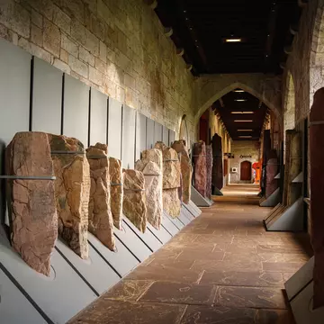 Ogham stones in the Stone Corridor at University College Cork, a historic collection of carved stone open to the public. Cork, Ireland.